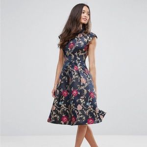 Chi Chi London Midi Dress in Jacquard with Mandarin Neck Detail, size 4